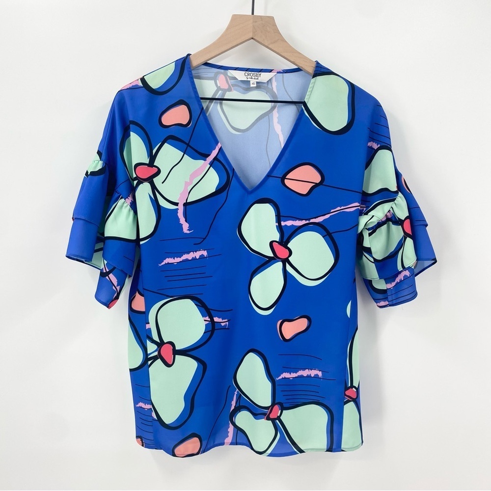 Crosby by Mollie Burch Colorful Floral‎ V-Neck Blouse XS